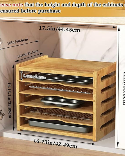 6 Tier Rubber Wood Tray Dividers for Cabinets, Heavy Weight Kitchen Vertical Tray Divider Organizer, Storing pans, Baking trays, Cutting Board(16.73" W x 14.13" H x 12.4" D)