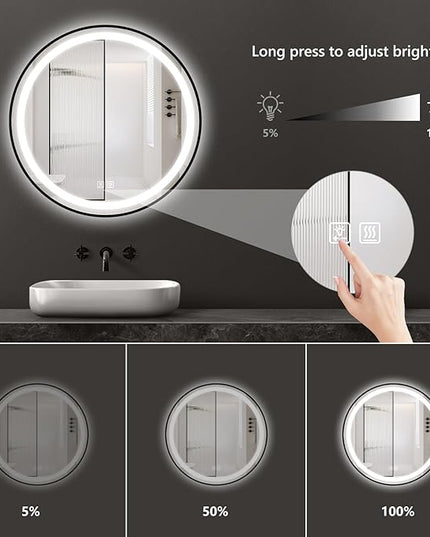 APRILSOUL 28 Inch Round Aluminum Framed LED Bathroom Mirror with Lights, Makeup Mirror with Front and Backlit, Anti-Fog, 3 Colors and Dimmable Light