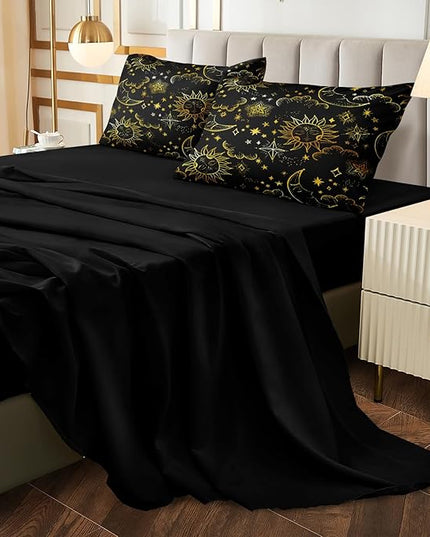Merryword 8 Pcs Universe Bed in a Bag Sun and Moon Comforter Set California King Size Galaxy Bedding Black Gold Moon Star Pattern Bohemian Gothic Comforter Set