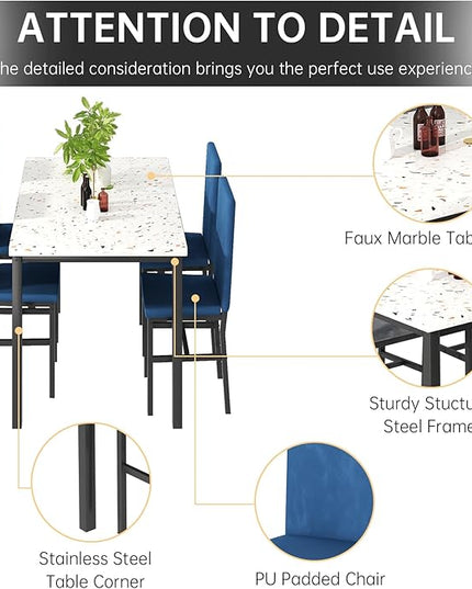 AWQM Dining Table Set for 4, Modern Marble Dining Table Set with 4 Upholstered Velvet Chairs,Dining Room Table Set for Kitchen, Breakfast Nook, Dining Room, Blue