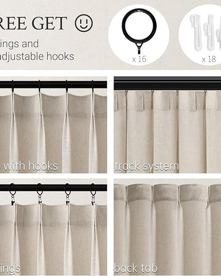 Topfinel 108 Inch Pinch Pleated Linen Curtains 1 Panels,Oatmeal Semi Sheer Curtains with Pleated Hooks Back Tab for Track System,Extra Long 9ft Curtain for Living Room Bedroom,72x108,Beige