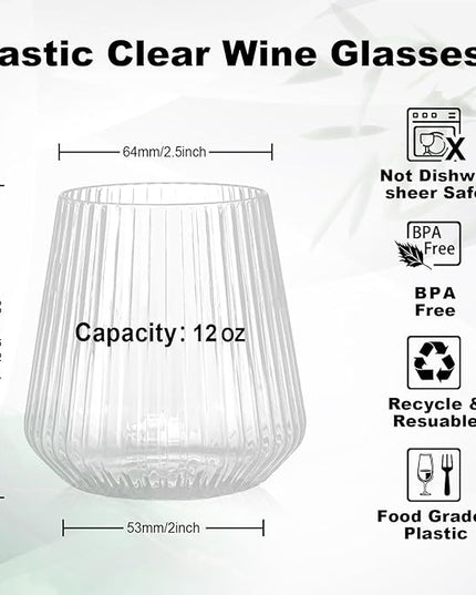 BESTSTAR 36 Pcs 12 oz Plastic Clear Ribbed Wine Glasses, Origami Ripple Disposable Champagne Glasses Elegant Whiskey Glasses Ideal for Weddings, Bars, Christmas, Halloween, Pool Party, Daily Use
