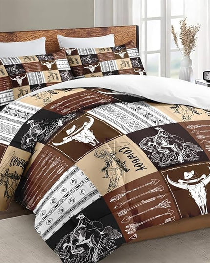 Queen Size Comforter Set with 2 Pillowcases, Cowboy Vintage Brown Desert 3 Pcs Bedding for Kids and Adults, Western Animal Cow Soft Comforter Set for Bedroom Bed Decor