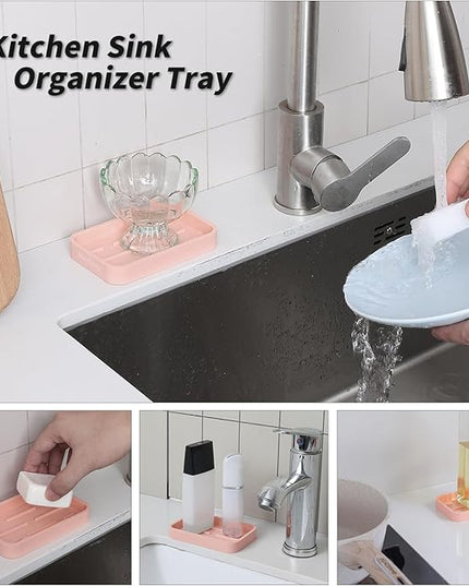 Silicone Kitchen Sink Organizer Tray for Multiple Usage,Easy Clean Sponges Holder for Kitchen Bathroom Counter or Sink,Dish Soap Dispenser,Scrubber,Bottle,Cup Pink 4.9”x 3.2”