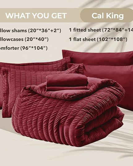 HYMOKEGE Burgundy California King Comforter Set Seersucker 7 Pieces, All Season Luxury Bed in a Bag for Bedroom, Bedding Set with Comforters, Sheets, Pillowcases & Shams