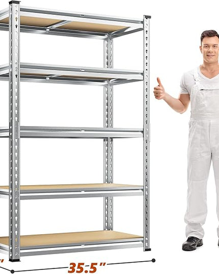 REIBII Garage Shelving, 5 Tier Storage Shelves Load 2020LBS, Adjustable Garage Shelves Heavy Duty, Metal Shelving Unit with Waterproof Columns for Warehouse, 35.5" W x 11.9" D x 72" H, Galvanized