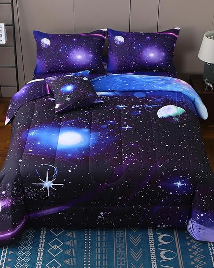 JQinHome Twin Galaxy Comforter Sets 6 Piece Bed in A Bag, Outer Space Themed Bedding for Children Boy Girl Teen Kids,1 Comforter, 1 Flat Sheet, 1 Fitted Sheet, 2 Pillowshams, 1 Cushion Cover(Purple)