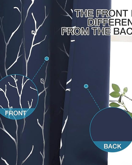 BUHUA Thermal Insulated Curtains Blackout Grommet Thermal Insulated Shinny Tree Branches Print Curtain for Bedroom, Navy Blue, 38W x 72L, Set of 2 Panels