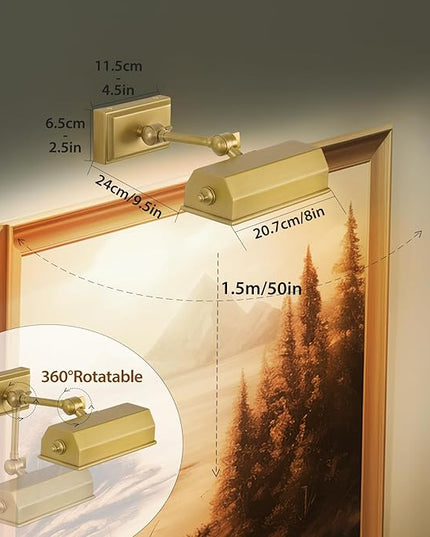 Picture Lights for Wall Hardwired, 8" Brass Picture Light, Brush Gold Art Light, 2700k Dimmable Gallery Lights, Vintage Wall Picture Light Painting Light for Artwork Poster Portrait Display