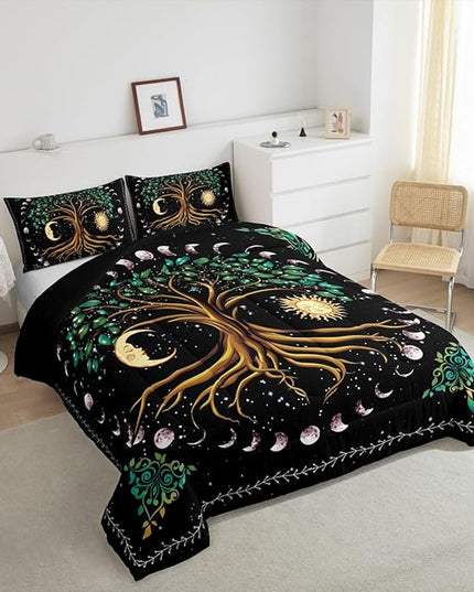 Manfei Tree Artwork Kids Comforter Set Twin Size,Sun Moon Starry Sky Galaxy Trippy Bedding Set,Boys Girls Adults Room Decor,Boho Exotic Psychedelic Down Comforter,Watercolor Duvet Insert,1 Pillowcase