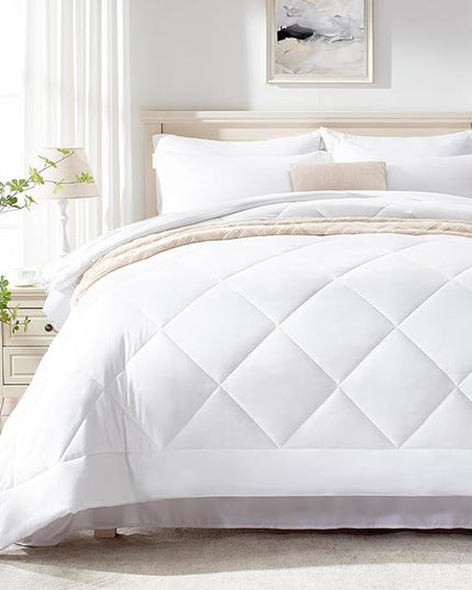 Love's cabin Queen Comforter Set White, 7 Pieces Queen Bed in a Bag, All Season Bedding Sets with 1 Comforter, 1 Flat Sheet, 1 Fitted Sheet, 2 Pillowcase and 2 Pillow Sham