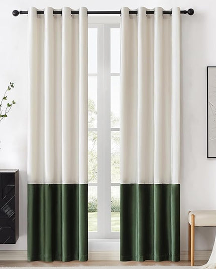 BULBUL Color Block Window Curtains Panels 96 inches Long Cream Ivory Green Velvet Farmhouse Drapes for Bedroom Living Room Darkening Treatment with Grommet Set of 2