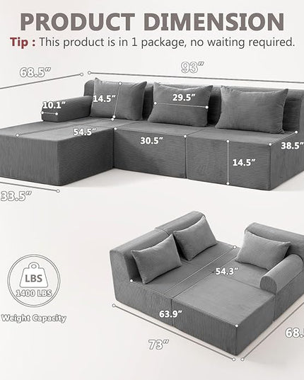 93" Sectional Couches for Living Room, Modular Sectional Sofa, Cloud Couch with L-Shape Chaise, Boneless Couches, Comfy Corduroy Fluffy Couch with Deep Seat, No Assembly Required, Grey