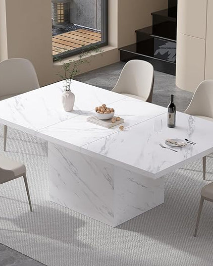 HSH White Faux Marble Dining Table, 63 inch Modern Dinner Table for 6 people, Farmhouse Rectangle Kitchen Table for Living Room, Large Wood Dining Room Tables with strong Pedestal, White Marble, 63 In