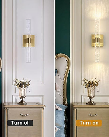 Battery Operated Crystal Wall Sconce 2-Pack Rechargeable Modern Vanity Light Fixtures, 3000K-6000K Dimmable Gold LED Wireless Wall Lights for Bathroom Bedroom Living Room Hallway