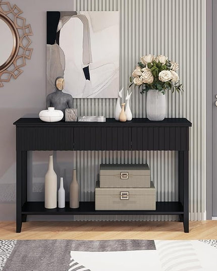 LAZZO Painted Wood Console Table Narrow Long Sofa Table Modern Behind Couch Table Fluted Entryway Table with 3 Drawers and Open Storage Shelf for Living Room, Foyer and Hallway Black (Black, 1 Tier)