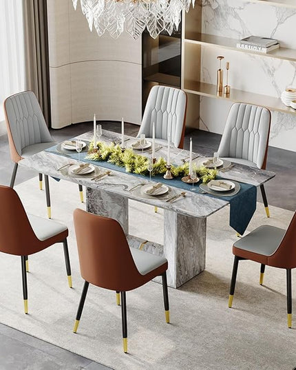 Dinner Table Set for 6, 7 Piece Dining Table Set with Chairs, 63" Faux Marble Modern Table with 6 PU Leather Upholstered Chairs, for Kitchen & Dining Room