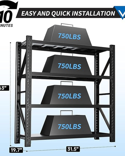 3000LBS Garage Shelving 32" W Garage Shelving Heavy Duty 4-Tier Metal Storage Shelves Adjustable Shelf Unit Storage Rack for Basement Supermarket Warehouse 32" W x 20" D x 63" H Black