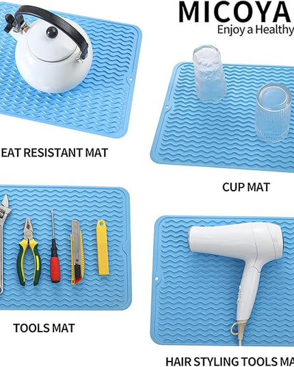 Silicone Dish Drying Mat for Multiple Usage,Easy clean,Eco-friendly,Heat-resistant Silicone Mat for Kitchen Counter or Sink,Refrigerator or drawer liner Light Blue L 16 inches x 12 inches