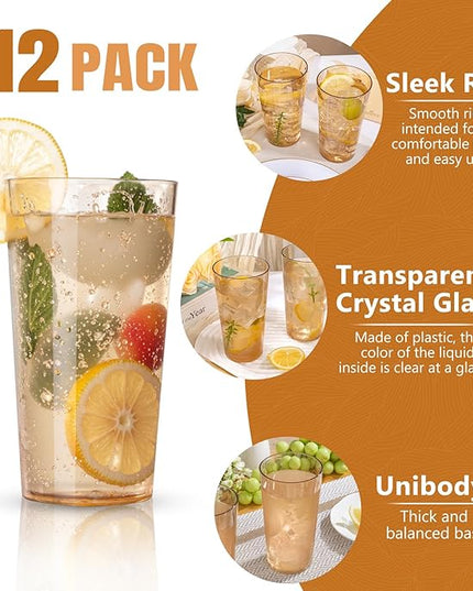 Liacere Plastic Drinking Glasses (Set of 12) 18oz Highball Brown Reusable Plastic Glasses Colors，Kitchen Water Glasses Cup, Bar Tumbler Glassware Set for Beer, Juice, Cocktail, Whiskey, Milk