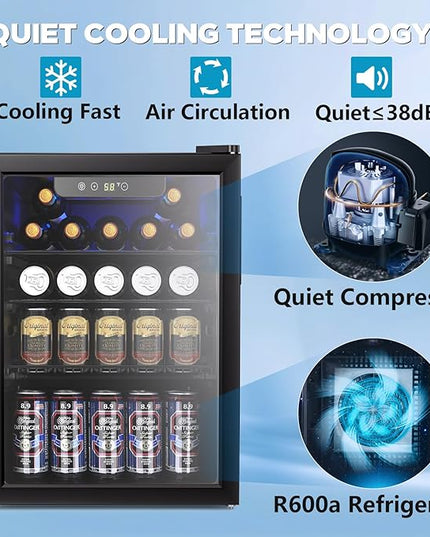 2.7 Cu.ft Beverage Refrigerator Cooler, 95 Can Mini Fridge Glass Door with Adjustable Shelves, Digital Temperature Display, Freestanding Small Drink Fridge for Home, Office or Bar(Black)