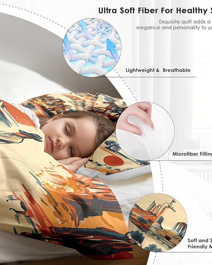 Comforter Set Full Size, Vintage Western Cowboy Soft 3 Pcs Bedding for Kids and Adults West Horse Desert Comforter Set with 2 Pillowcases for Bedroom Bed Decor