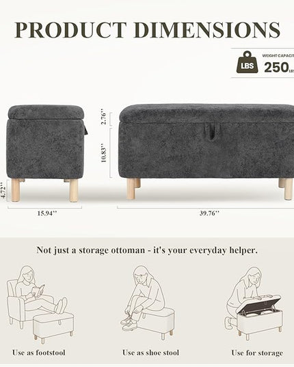 Ottoman with Storage, Storage Ottoman Bench, Entryway Bench, End of Bed Bench with Wood Legs for Bedroom, Living Room, 2PCS,Dark Grey