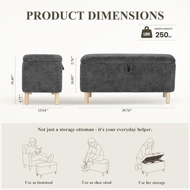Ottoman with Storage, Storage Ottoman Bench, Entryway Bench, End of Bed Bench with Wood Legs for Bedroom, Living Room,Dark Grey