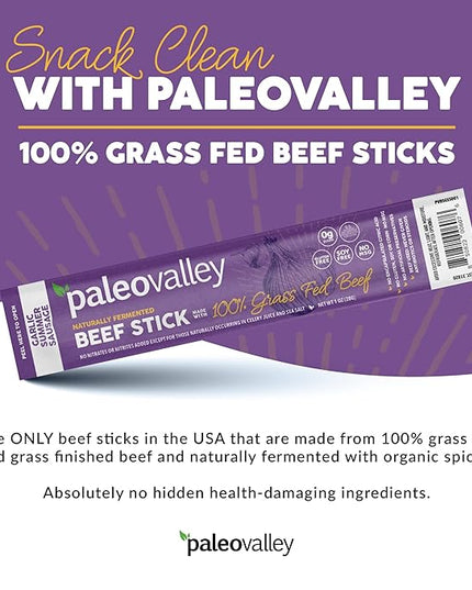 Paleovalley 100% Grass Fed Garlic Summer Sausage Beef Sticks - Delicious Gluten Free Beef Snack - High Protein Keto Friendly