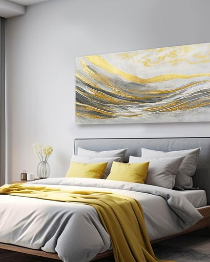 Artexist Abstract Line Wall Art Prints, Gold & Grey, 24"x48" Large Canvas Wall Pictures for Living Room, Bedroom, Office Decor
