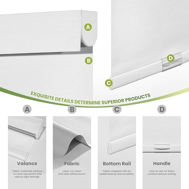 Blackout Roller Shades for Indoor Windows, Cordless Jacquard Fabric-Matched Roller Blinds, Easy to Install Privacy UV Protection Roll Up Blinds for Home Office, Pure White, 27" W x 72" H