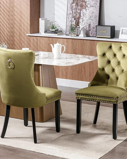 Modern 7-Piece Glass Dining Table Set for 6, Modern 60" Rectangle Black Glass Dining Room Table Set with Olive Green Velvet Tufted Chairs Wood Legs for Kitchen Dining Room