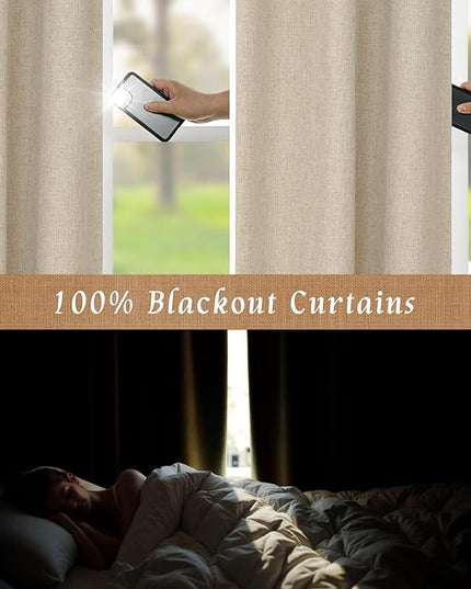 LAMIT 100% Blackout Linen Curtains 63 Inches Long, Flax Textured Living Room Farmhouse Curtains Full Room Darkening Back Tab and Rod Pocket Panels with White Liner, 2 Panels, Linen, 60 x 63 Inch