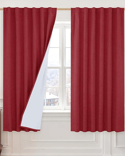LAMIT 100% Blackout Red Linen Curtains, 63 Inches Linen Textured Thermal Bedroom Drapes Back Tab and Rod Pocket Neutral Panels with White Liner for Livingr Room, 2 Panels, 52 x 63 Inch