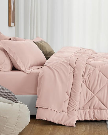 Love's cabin California King Comforter Set Pink, 7 Pieces California King Bed in a Bag, All Season Bedding Sets with 1 Comforter, 1 Flat Sheet, 1 Fitted Sheet, 2 Pillowcase and 2 Pillow Sham