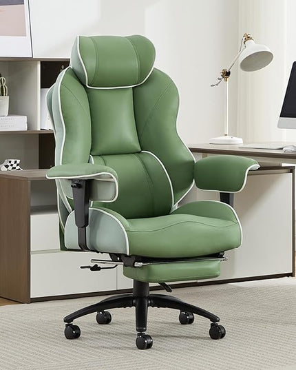 DJ·Wang Big and Tall Office Chair with Foot Rest, High Back Executive Office Chair PU Leather, Ergonomic Chairs with Lumbar Support, 135° Reclining Chairs with Thickened Spring Cushion Green