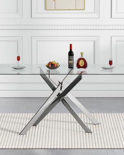 51" Rectangular Glass Dining Table Modern Kitchen Glass Top Table for 4 with Silver Metal Legs, Clear Dining Table Kitchen Table for Home Office Dining Room