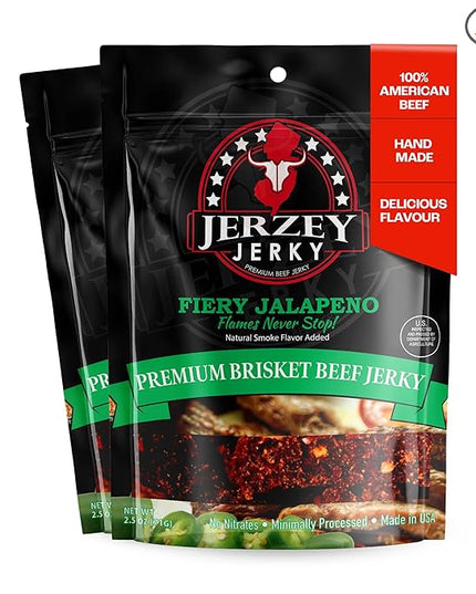 Jerzey Jerky Fiery Jalapeno Brisket Jerky 2.5oz (2 Pack) – High Protein, Gluten Free and Healthy Beef Snacks with Rich, Authentic Flavor
