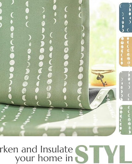 jinchan 95% Blackout Bohemian Moon Phase Print Bedroom Curtains 84 inch Long sage Green Pole Pocket Rear tab Thermal Curtains for Nursery Set 2 Panels