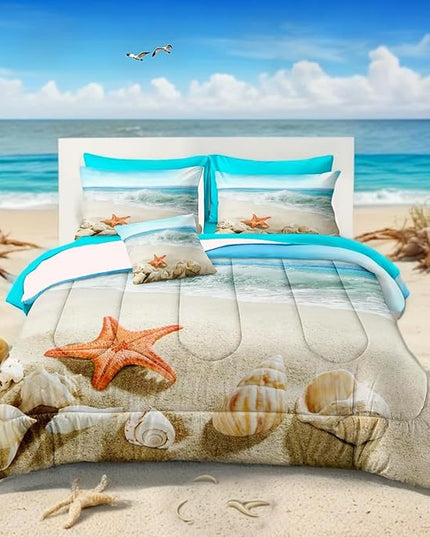 Bedbay Beach Comforter Set 8 Pcs Queen Bed in a Bag Coastal Bedding Ocean Beach Themed Bedding Set Queen Comforter with Sheets Turquoise Seaside Starfish Quilt Set (Aqua,Queen)