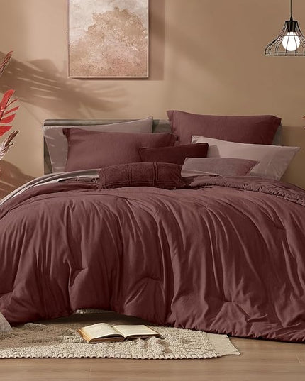 Monbix California King Comforter Set - 7 Pieces Cationic Dyeing Dark Red Bed in a Bag Cal King Bedding Sets with Comforter, Sheets, Pillowcases & Shams, Reversible Bedding Comforters Sets (108 * 92)