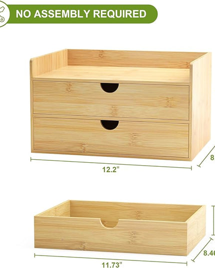 Wisuce Bamboo Desk Organizer - Mini Bamboo Desk Drawer Tabletop Cosmetic Storage Organization for Office or Home (Nature 2 Drawers)