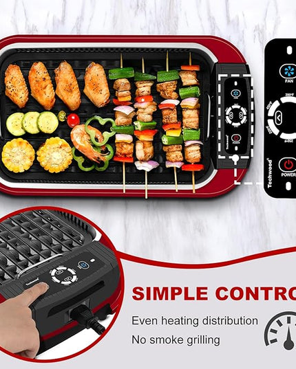 Indoor Smokeless Grill, Techwood 1500W Electric Indoor Grill with Tempered Glass Lid, Portable Non-stick Korean BBQ, Turbo Smoke Extractor Technology, Drip Tray& Double Removable Plate, Red