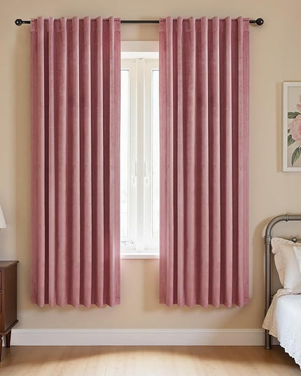 KOUFALL 52x63 Inch Length Dusty Rose Back Tab Velvet Curtains
