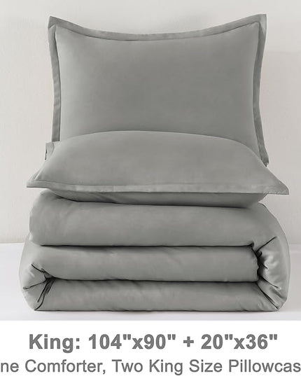 Litanika Comforters Medium Gray King Size, 3 Pieces Lightweight Solid Bedding Set & Collections, All Season Fluffy Bed Set (104x90In Comforter & 2 Pillowcases)