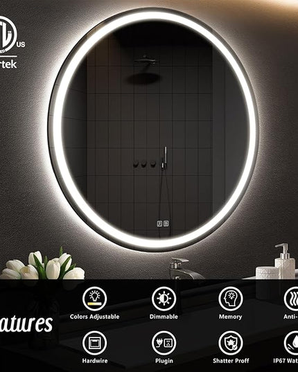APRILSOUL 24 Inch Round LED Bathroom Mirror with Lights, Makeup Mirror with Front and Backlit, Anti-Fog, 3 Colors and Dimmable Light