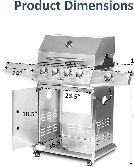 Polar Aurora Propane Gas Grill 4 Burners with Side Burner, Stainless Steel Grill Cart with Wheels for Outdoor Patio Garden Backyard Cooking bbq Grill