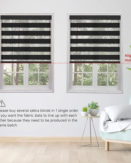 Cordless Motorized Zebra Blinds for Windows Blackout with Remote, Custom Dual Layer Smart Zebra Shades Work with Alexa Google, Automatic Electric Light Filtering Roller Shades, Luxury Black