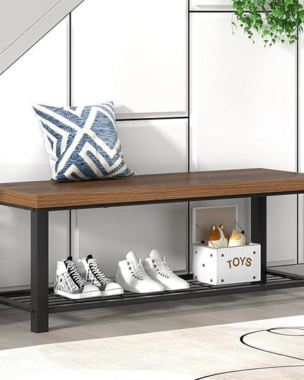 FOLUBAN Shoe Bench, Modern Wood and Metal Storage Bench for Entryway Hallway, Industrial Indoor Bedroom Bench Seat for Living Room, Mudroom, Rustic Walnut, 47 Inch
