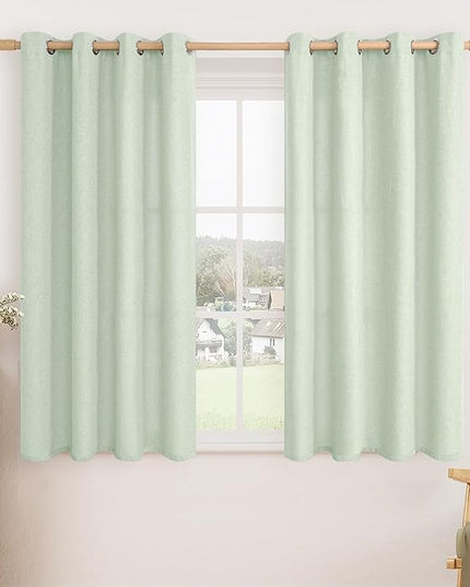 LAMIT Light Green Linen Blended Curtains for Bedroom, 54 inches Grommet Thermal Insulated Thick Cottage Curtains Light Reducing Window Treatment Drapes for Living Room, Set of 2 Panels, W52 x L54